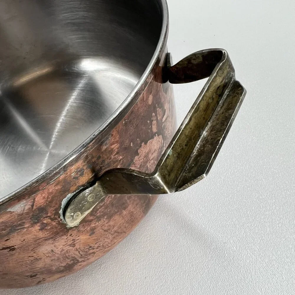 Vintage Copper Pot Stainless Steel Lined 9" Casserole Dual Brass Handles - Picture 8 of 11
